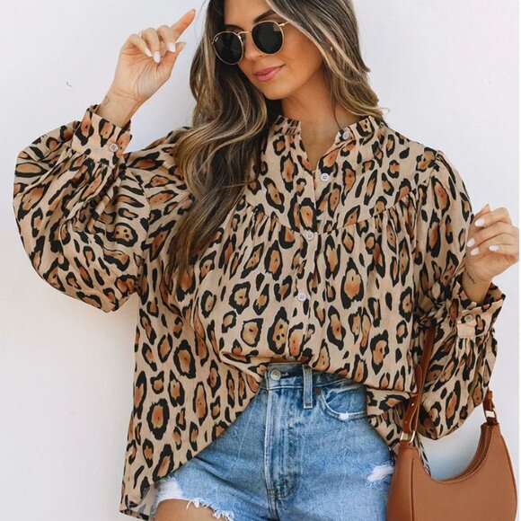 Tops - Oversized Balloon Sleeve Leopard Button-Up Blouse